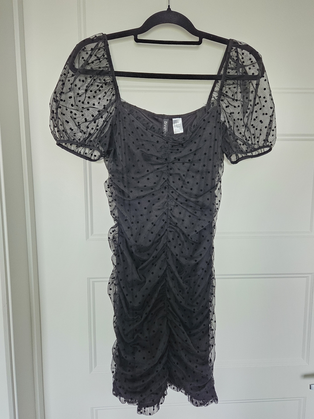 Divided Black Dot Mesh Ruched Puff-Sleeve Mini Dress